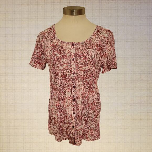 Ruched Paisley Crimped Button Front Blouse Croft & Barrow M Pink Oval Neckline - Picture 1 of 8